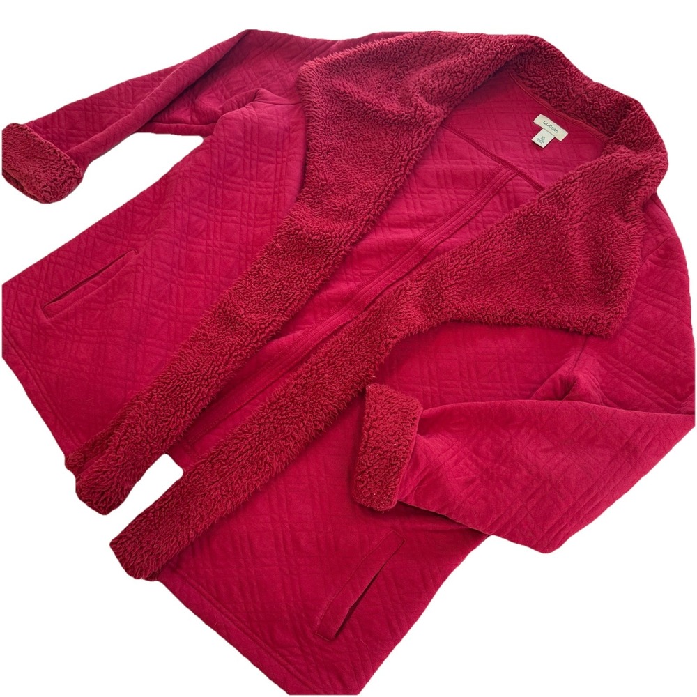 LL‎ Bean Red Quilted Sherpa Trim Open Cardigan Sweatshirt Pockets Size XL